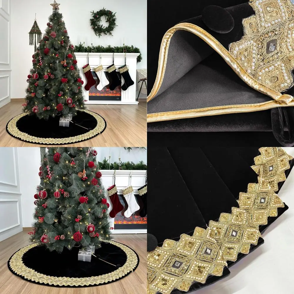 

Gilded Velvet Christmas Tree Skirt, 60-Inch, Gold Embellished, Foam Padded, Button Closure, Black