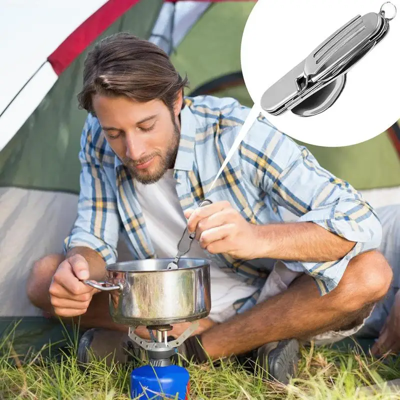 4 IN 1 Foldable Camping Cutlery Set Knife Fork Spoon Stainless Steel Portable and Detachable Multitools Flatware Picnic Utensil