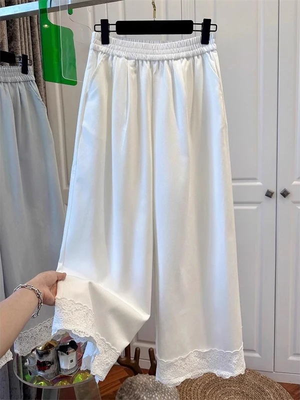 

Женские повседневные брюки с кружевной отделкой, высокой талией, эластичные, широкие, прямого кроя, свободные, в уличном стиле, длиной 7/8