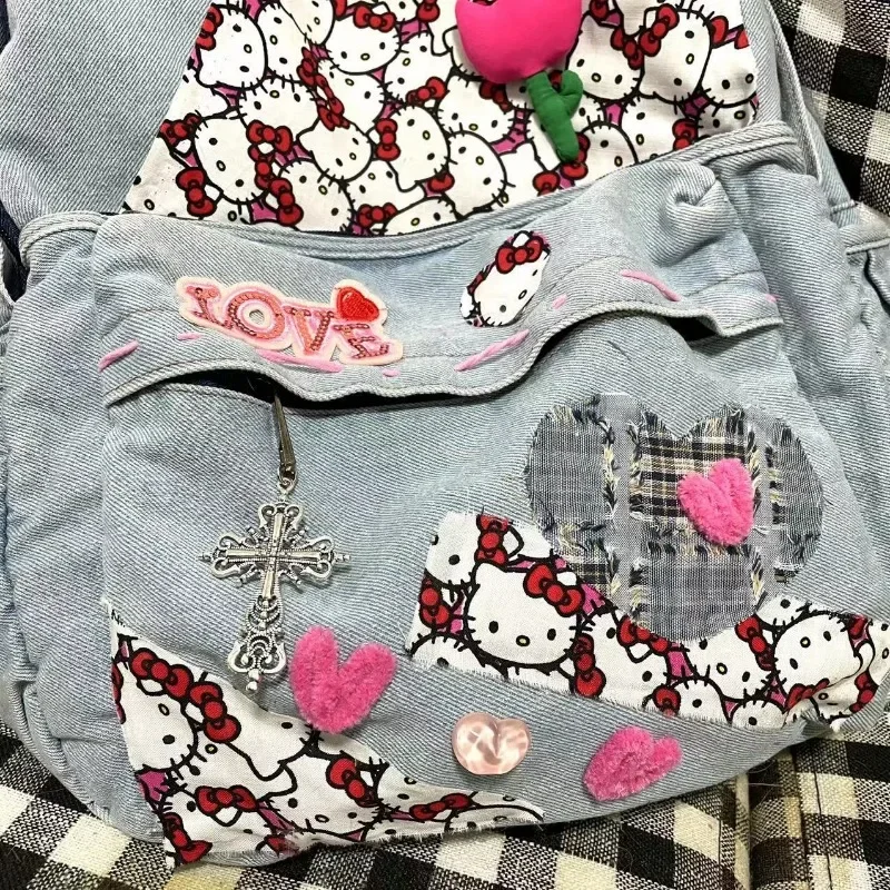 MBTI-Mochila Vintage Hello Kitty para Mulheres, Moda Denim, Estudantes Patchwork, Sacos Estéticos Femininos, Y2k, Harajuku, Universidade