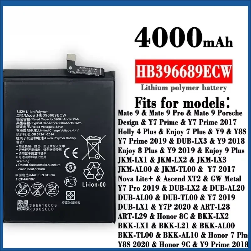 4000mAh HB396689ECW for Huawei Mate 9/9 Pro Y7 2017 for Honor 8C Y9 2018 2019 Version Enjoy 7 Plus Mobile Phone Battery+Tools