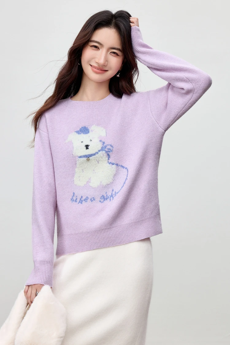 Sentubila feminino aconchegante cão jacquard pulôver 2025 outono bonito mistura lã veludo camisola solta malha macia casual topo w54ee4027