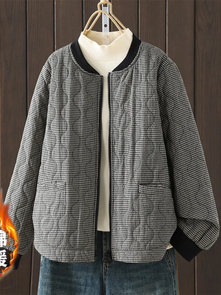 High-End Artistic Black White Plaid Cotton Jacket Women's Winter Windproof Cold-resistant Baseball Style Fashion Zipper Coat