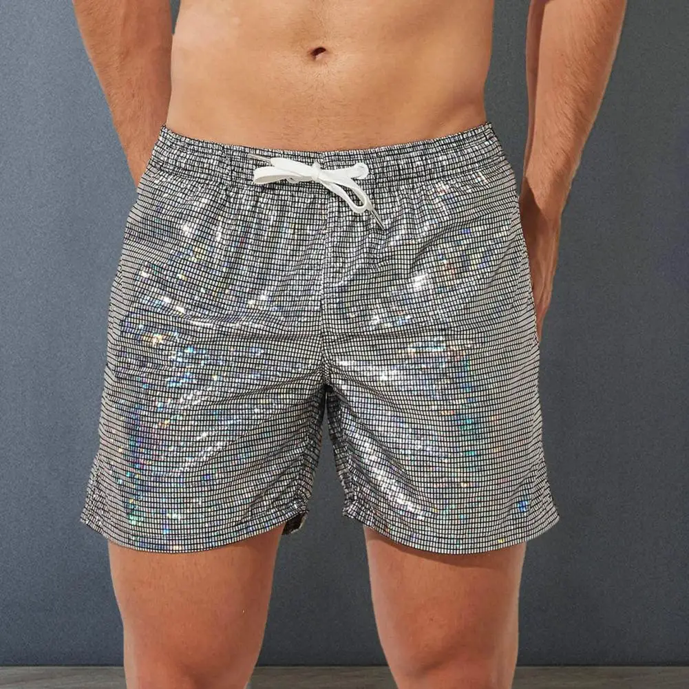 Calça de praia estampada metálica masculina, brilhante com cordão, shorts de ginástica com lantejoulas, cós elástico, secagem rápida