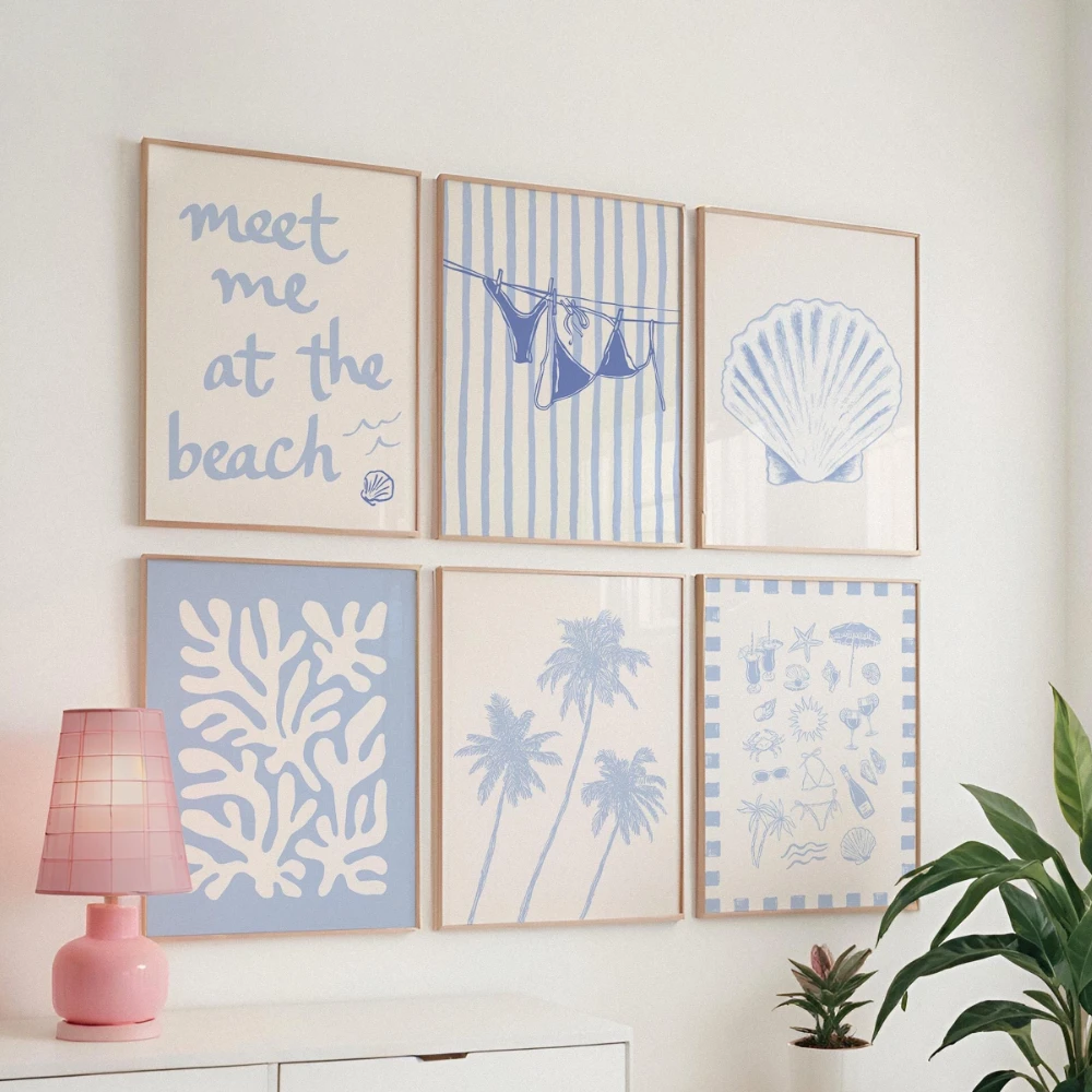 Blue Coastal Beach Gallery Wall Printables Poster Cute Summer Art Prints Girly Wall Art Trendy Beach House Room Home Decor Gift