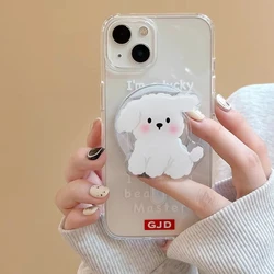 Korean Cute White Puppy For Magsafe Magnetic Phone Grip Tok Griptok Stand For iPhone 15 14 13 Wireless Charging Case Holder Ring