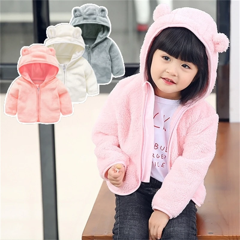 Autumn Winter Baby Girl Plush Coat Simple Zipper Hooded Long Sleeved Cotton Coat Girl Outward Keep Warm Clothes