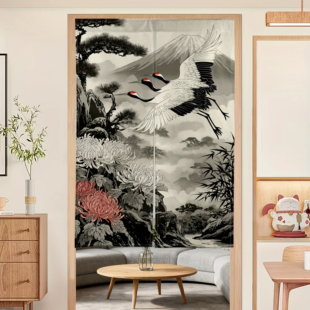 Cortina Noren Japonesa con Diseño de Grulla, Monte Fuji, Crisantemo y Pintura de Bambú con Tinta, Decoración para Puerta