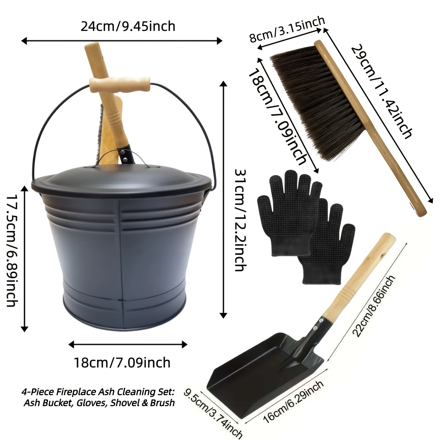 Fireplace Equipment Set with Shovel Brush Gloves and Dustpan Designed for Compatibility with Most Fireplace Types