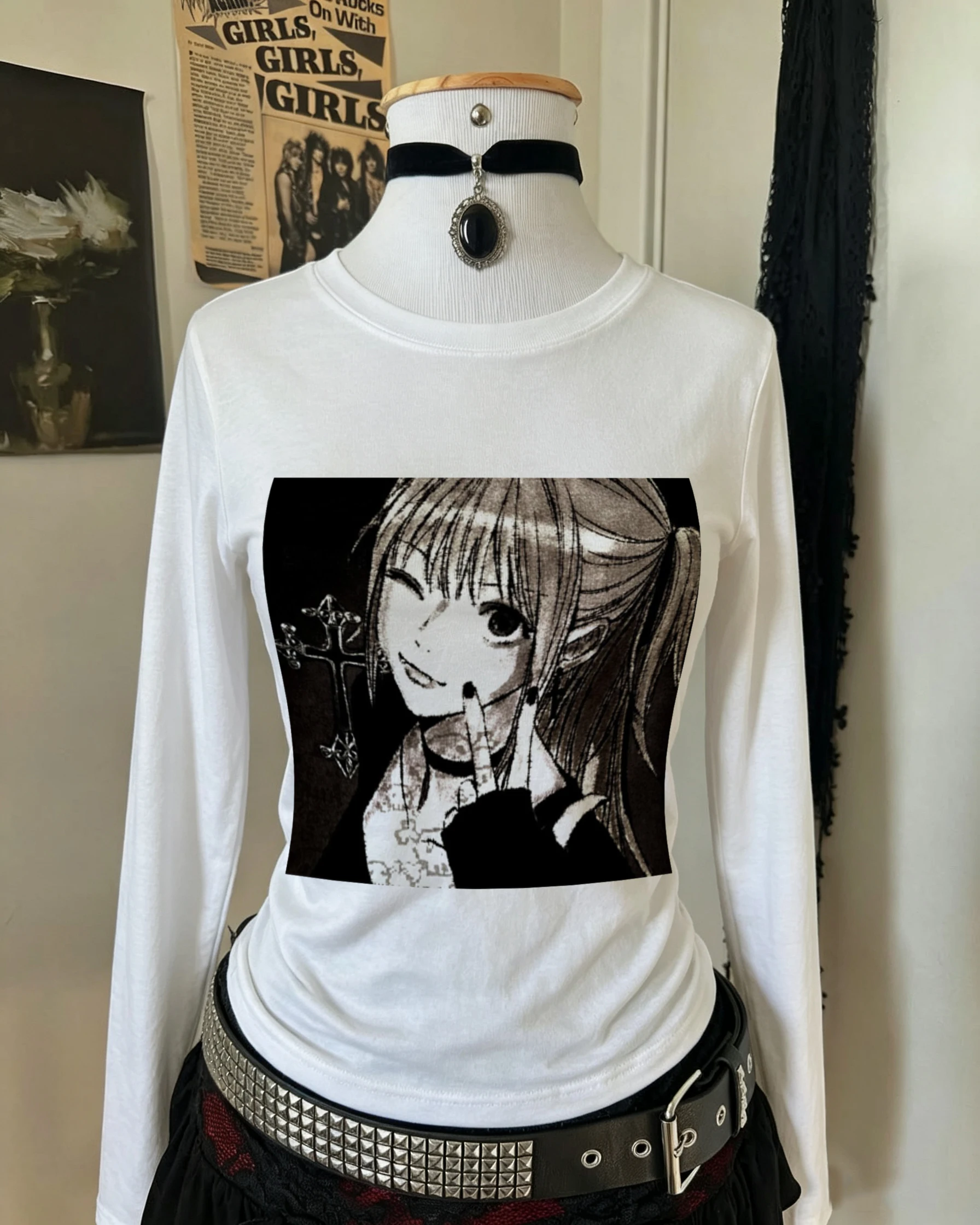 Y2K Gothic Anime Long Sleeve Shirt Women Death Note Misa Amane Cross Manga Art Print Slim Fit Cropped Harajuku Aesthetic Casual