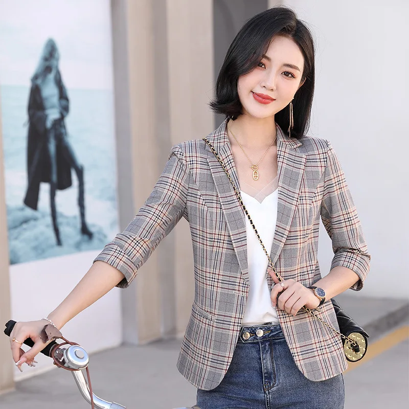 

Gray Striped Plaid Blazer Jacket Three-quarter Sleeve Checkered Suit Korean Style Single Button Suit for Women