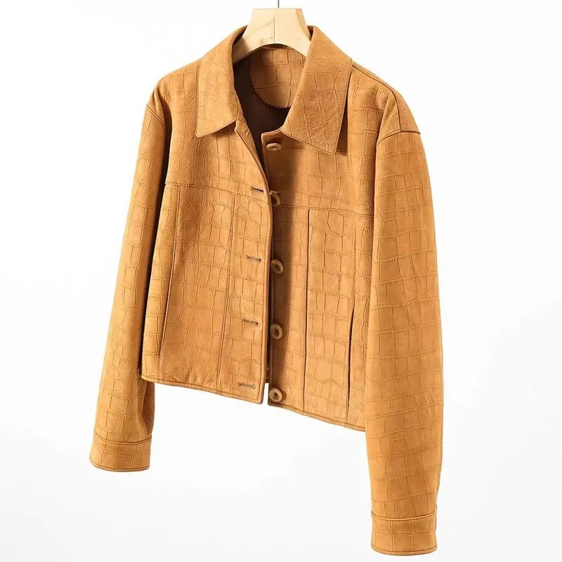 Giacca in pelle con motivo coccodrillo da donna 2025 Cappotto corto in vera pelle importata autunnale Taglio quadrato Ginger Slim Fit Haut Femme