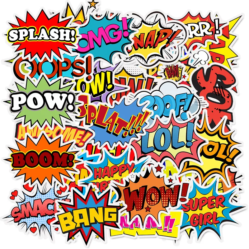 50pcs BAM POW WOW BOOM BANG OMG OOP Explosion Cloud Style Anime Slogan Stickers Pack for Phone Laptop Luggage Skateboard Sticker