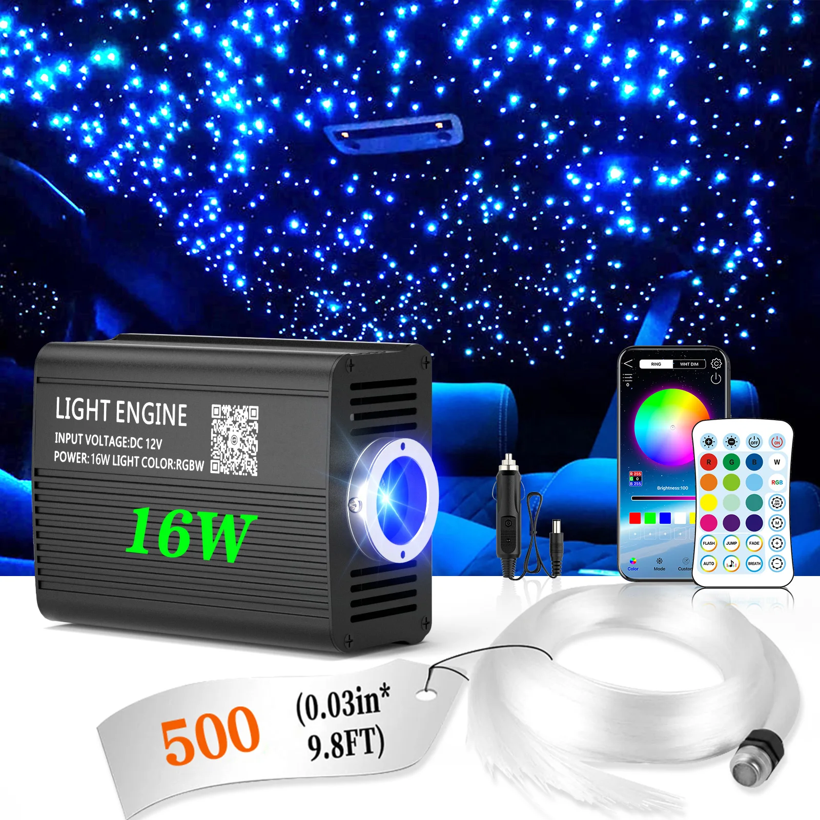 

Starlight Headliner Kit 500pcs – Smart Control | 16W RGBW Fiber Engine, Twinkle, App Control, Music Sync, Easy Install for Car