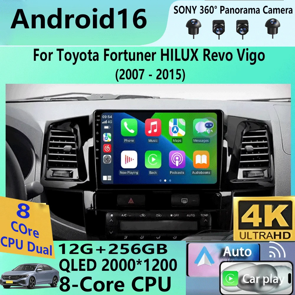 Android 16 2din Carplay Car Radio for Toyota Fortuner HILUX Revo Vigo 2007 - 2015 Multimedia Video Player Stereo GPS NO DVD 2DIN