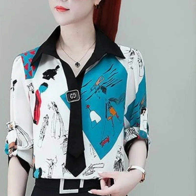 Summer Women\'s 2024 New Pullover Turndown Collar Printing Drawstring Slim Fit Fashion Elegant Casual 3/4 Sleeve Blouses Shirts