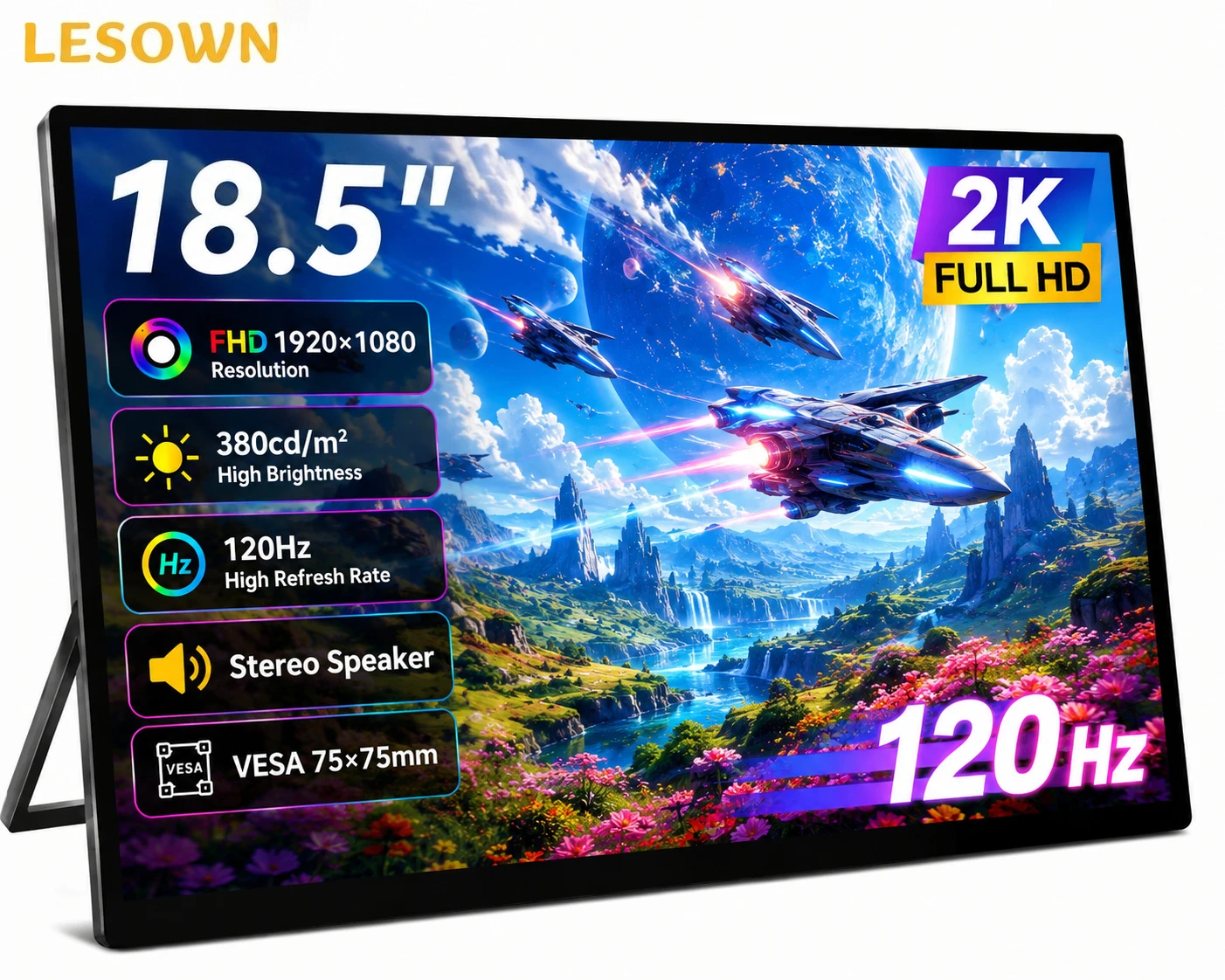 LESOWN 18.5" FHD 120Hz Driverless Portable Monitor Plug&Play Dual Screen Mini HDMI Speakers VESA Mount External Screen Laptop