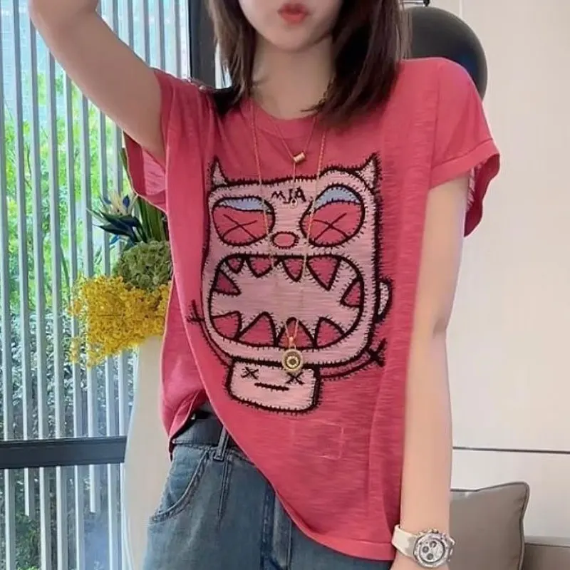 Casual Goblin Cartoon Printed T-shirt Korean All-match Loose Spliced Women's Clothing Short Sleeve Summer Round Neck Pullovers