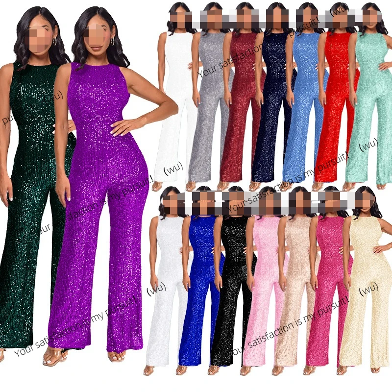 

New women's clothing waist onesie European and American sequins wide legs sleeveless high sense