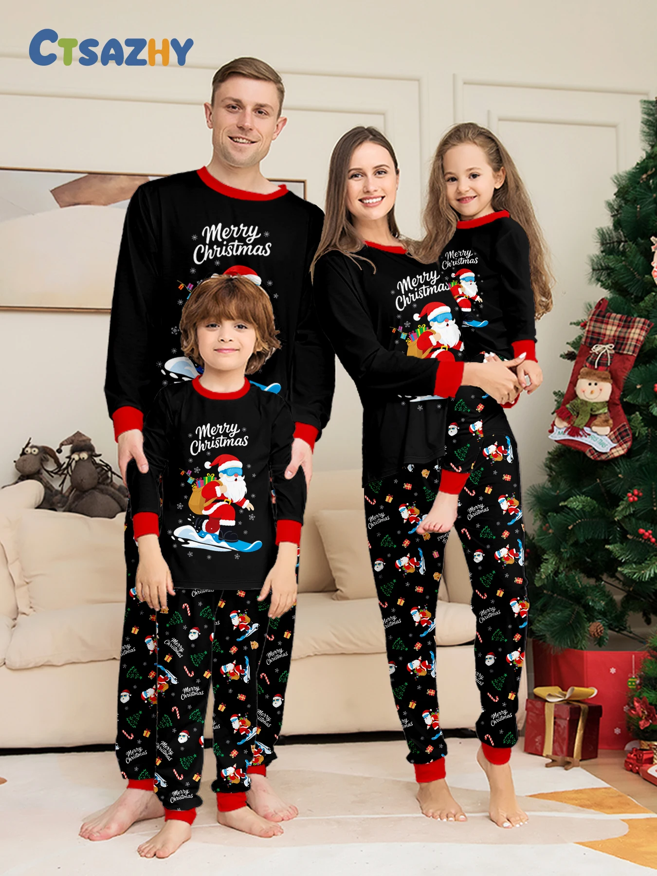 Family Christmas Pajamas Matching Parent-child Sleepwear Black Long Sleeve Santa Ski Print Xmas Gift Men Women Kids