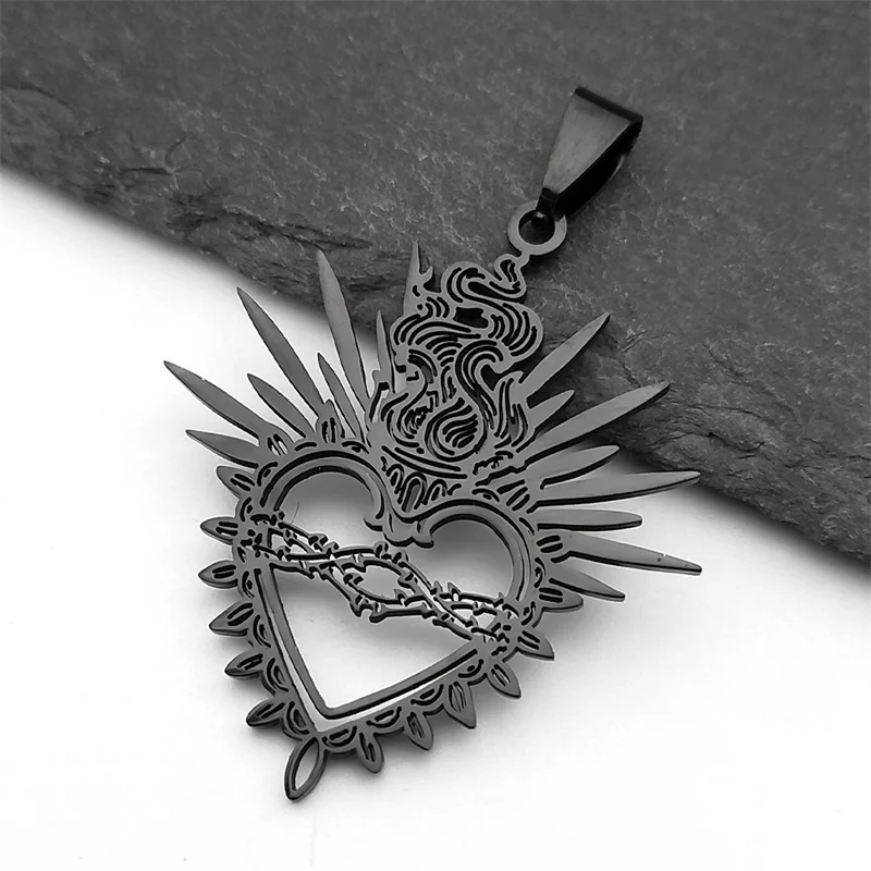 3Pcs Hollow Flaming Sacred Heart Charms Thorns Sacred Heart pendants For Women Men Stainless Steel Black Faith charms Jewelry