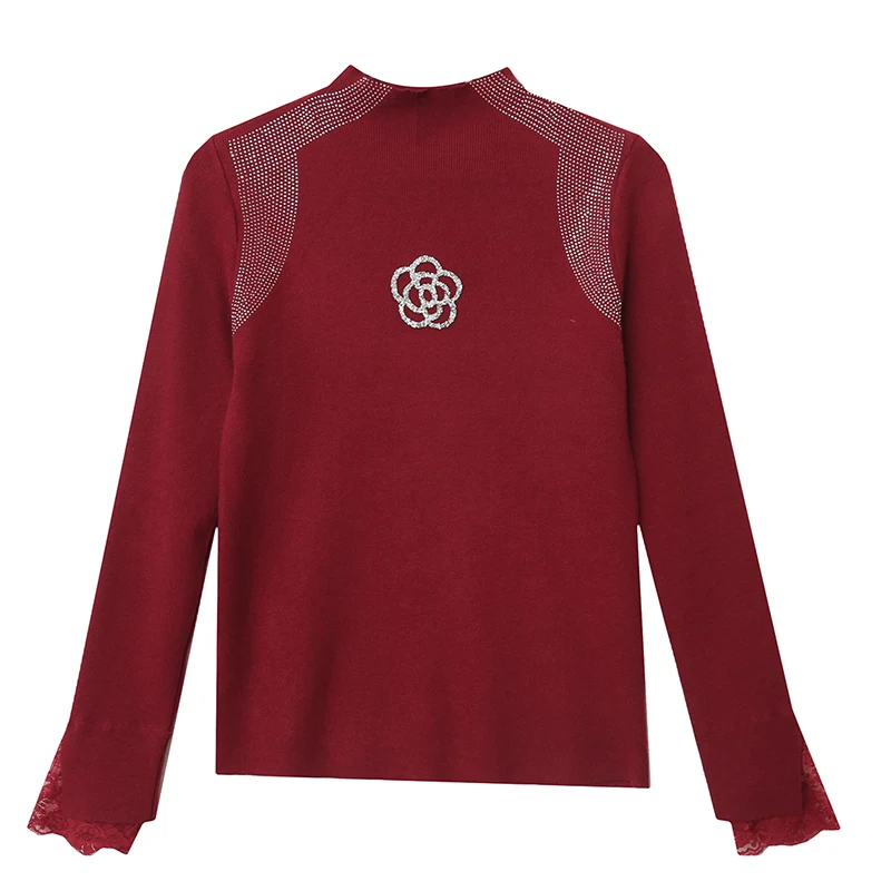 Korean Version Elegant Female Autumn Winter Woman Pullover Sweet T-shirt Turtleneck Flowers Diamond Set Lace Splicing