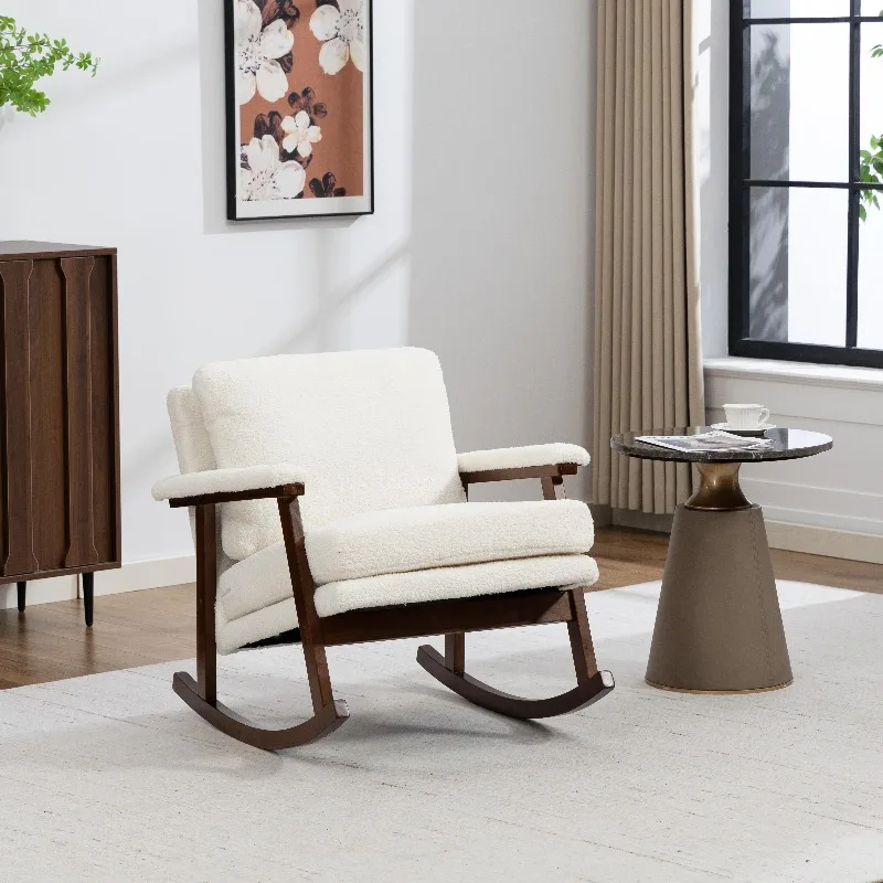 Fauteuil à bascule de style moderne du milieu du siècle avec cadre en bois, coussin en mousse haute densité et soutien lombaire, fauteuil rembourré pour salon, chambre à coucher, véranda.
