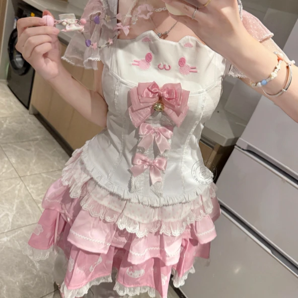

Japanese Anime Girl Kawaii Cartoon Embroidered Lolita Sets Sweet Cute Bow Slim Short Sleeve Top Mini Puff Skirt Two-Piece Set