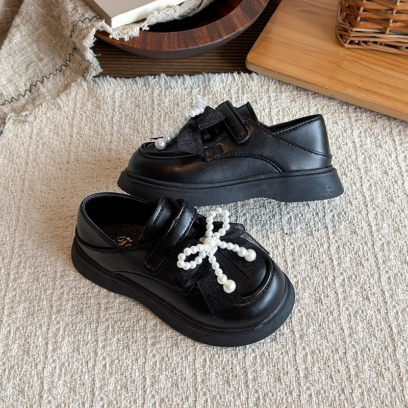 Mumoresip Spring Autumn Children Leather Shoes Girls Princess Mary Jane Shoes with Bowknot Black Thick Bottom Kids Dress Shoes