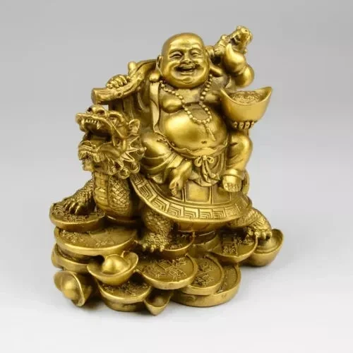 

Chinese Copper Wealth Money Happy Laugh Maitreya Buddha On Dragon Turtle Statue