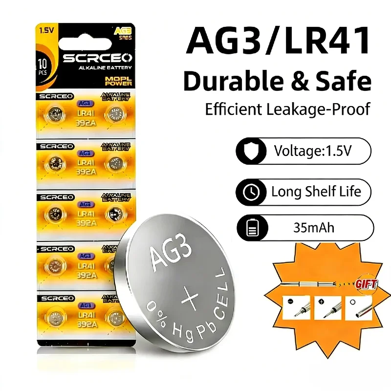 

AG3/LR41 Button Batteries 1.5V Alkaline 35mAh Mercury-Free Leak-Proof for Watches Toys Remotes Small Electronics