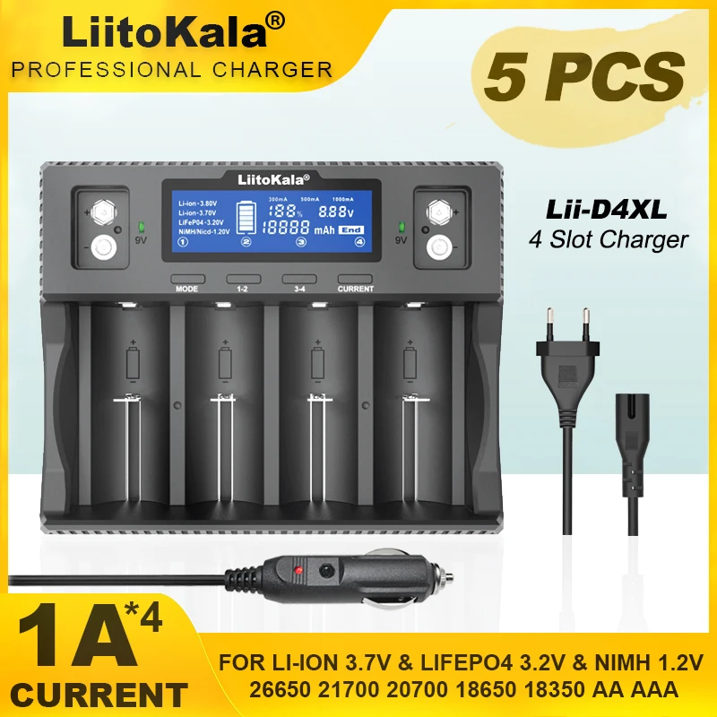 5PCS/LOT LiitoKala Lii-D4XL 21700 3.7V Li-ion 3.2V 1.2V NiMH/Cd 18650 26650 26700 32700 D AA AAA 9V LCD Display Battery Charger