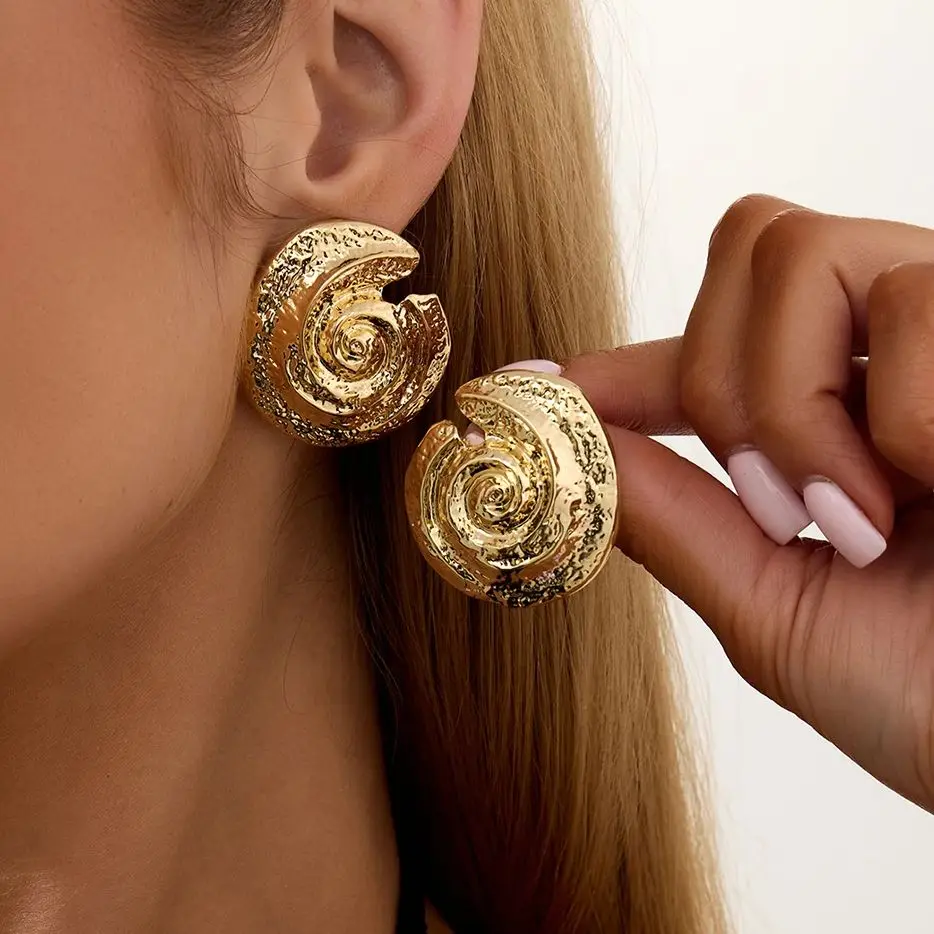 KunJoe Vintage Metal Geometric Threaded Stud Earrings Women Fashion Gold Color Irregular Textured Vortex Earrings Jewelry Gifts