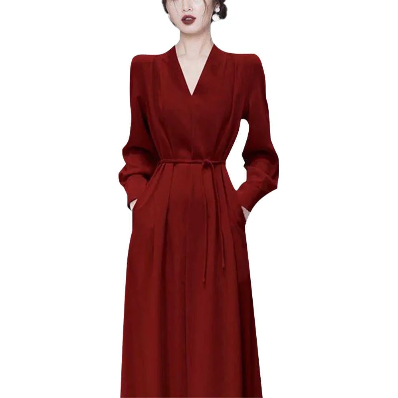 라이트 럭셔리 하이 엔드 드레스 가을 새로운 프랑스 복고풍 스타일 미디 스커트 여성 레드 긴 소매