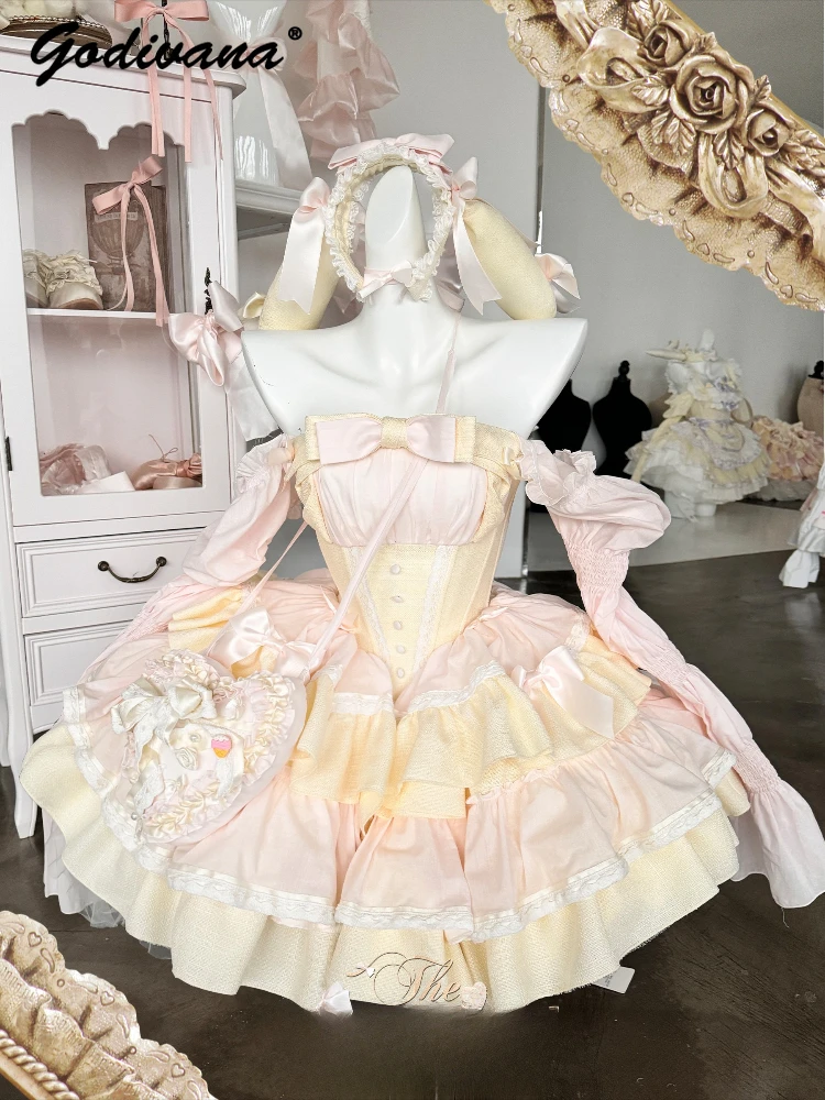 New Lolita Women's Sweet Bow Strapless Long Sleeve Princess Dresses 2024 Autumn Elegant Girls Short Puffy Tutu Dress Pettiskirt