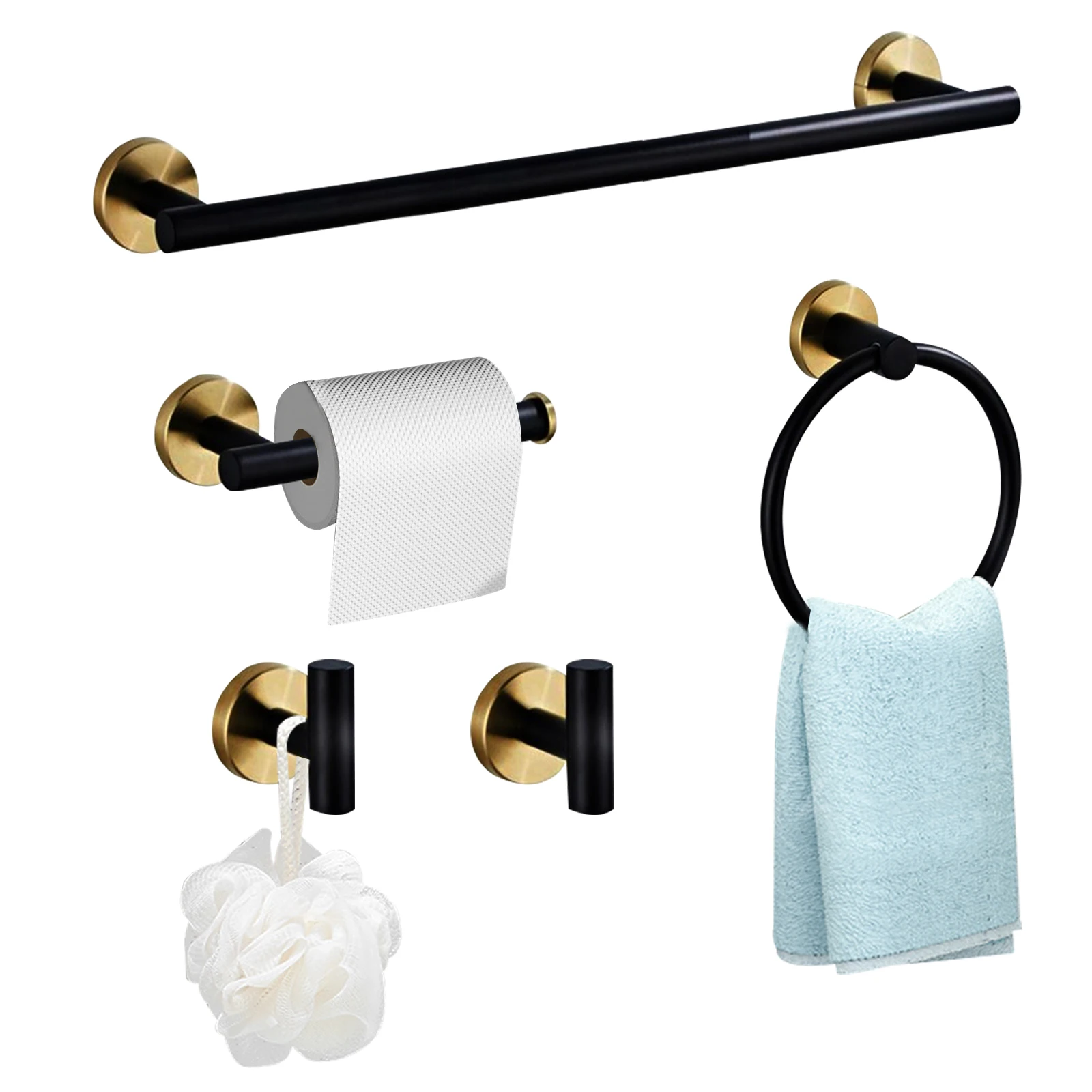 Wall-montado em aço inoxidável Toalha Bar Set, moderno banheiro Hardware, preto e dourado, 5 PCs