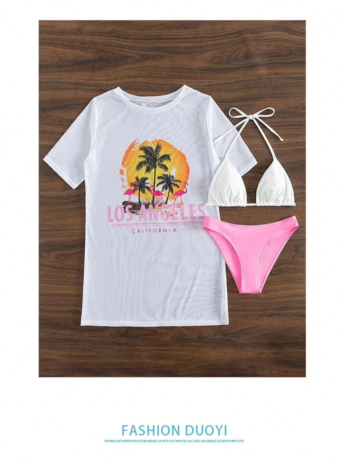 

Women’s Sheer White Cover-Up Top With Pink Triangle Bikini And Printed Los Angeles Design