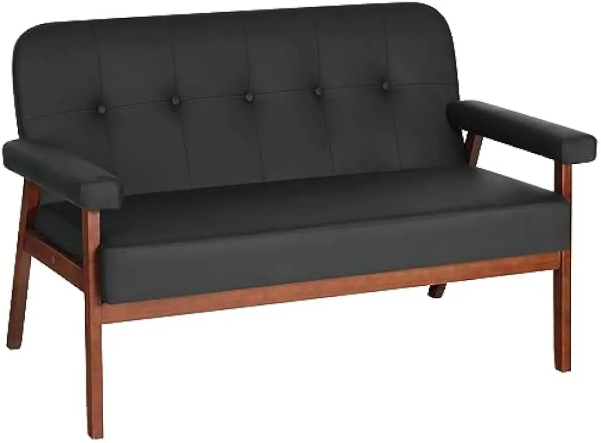 

STHOUYN 50”W Black Faux Leather Small Office Couch Loveseat Sofa with Wood Arms, Mid Century Modern Love Seat Sofas Lounge