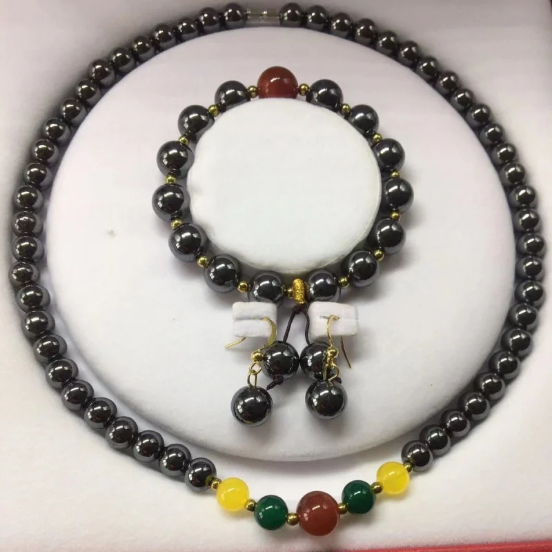 

New Terahertz Set Energy Stone Bracelet Necklace Earrings Three-Piece Fashion Jewelry Factory Price Wholesale Without Box