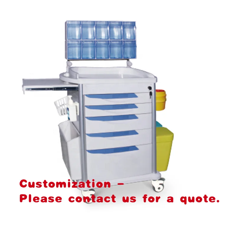 custom.Multi-functional Hospital Medical Trolley Blue Color Emergency Trolley  with Anesthsia Boxes with Trash Can