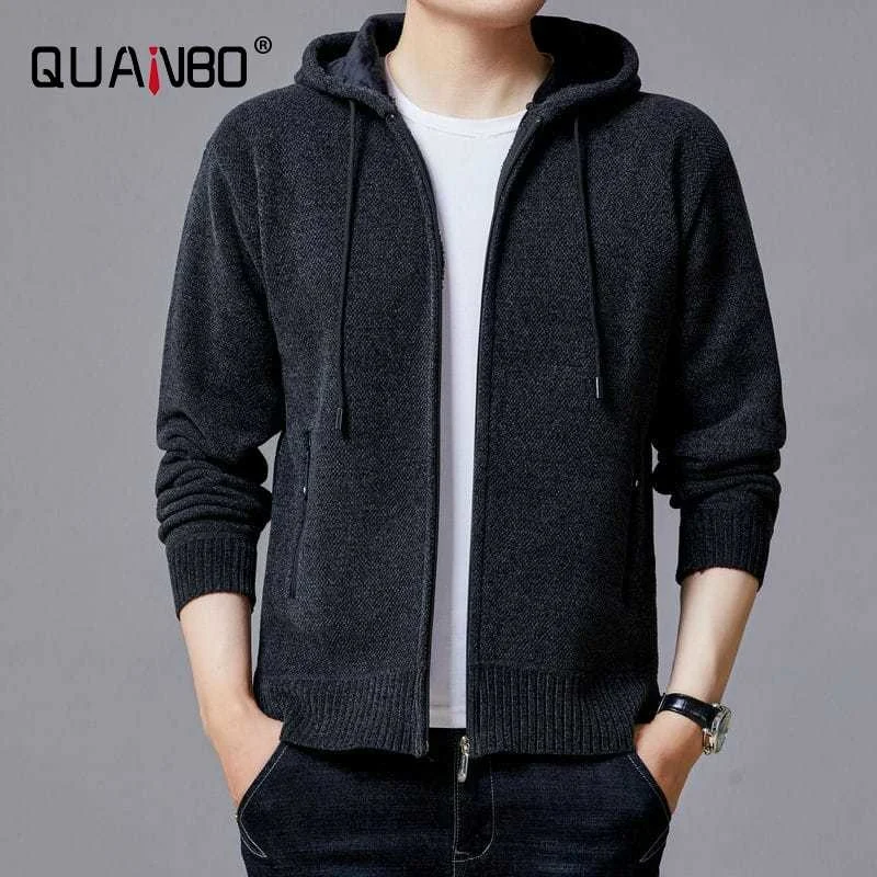 Fall/winter 23 new men's long sleeve hooded solid color plus velvet padded Cheney cardigan sweater tide teenagers