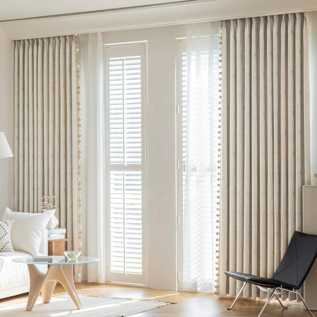 2026 ZSTARR Custm Luxuy Beige Curtains Solid High Shading Floral Fabric with Pompom Ball Trim for Living Room Windows