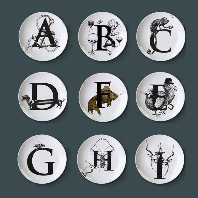 Alphabet Animal Number Sign Board Restaurant Decoration Layout Plate Ceramic Home Decorative Dishes Art Display Sofa Background,