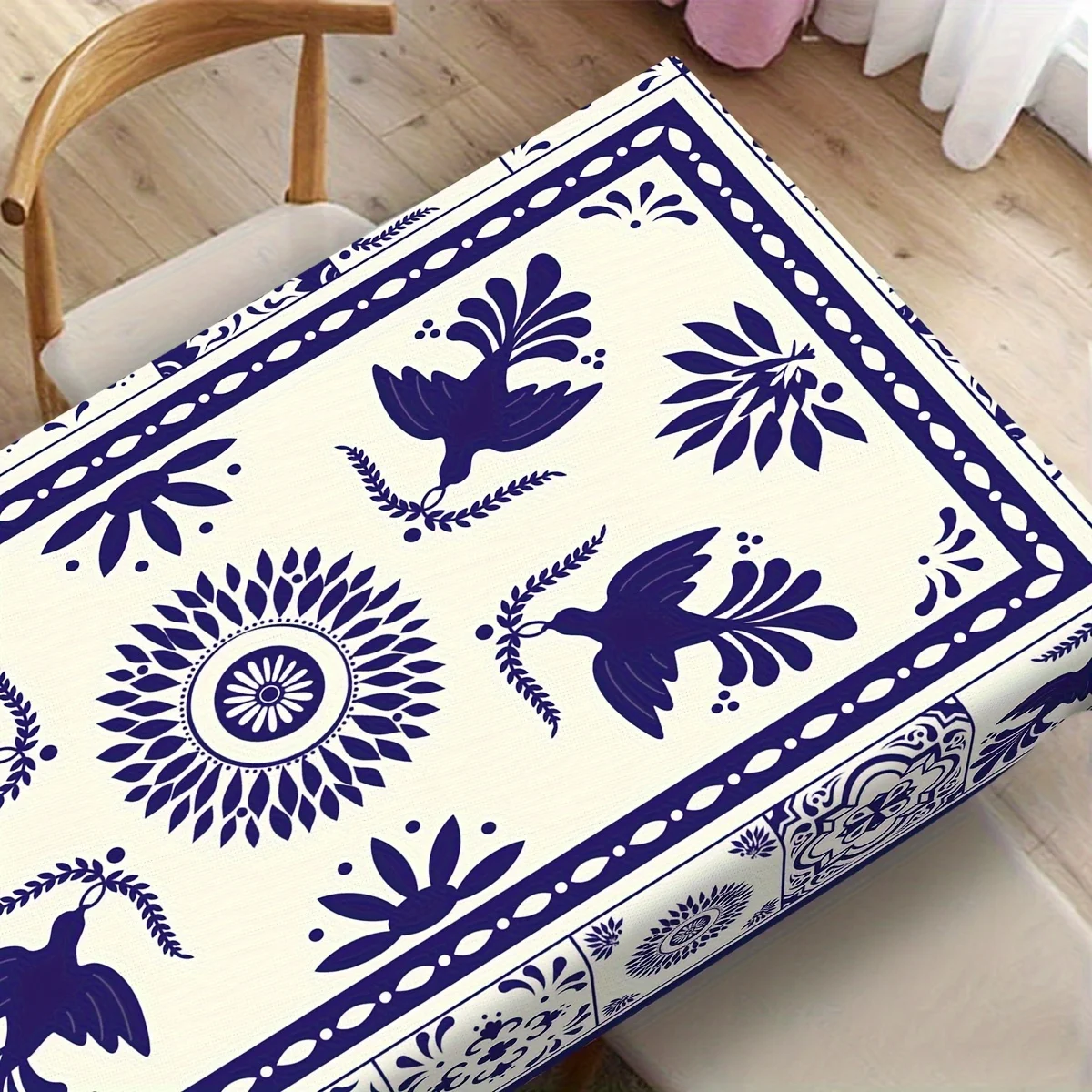 Mexican Blue Floral Bird Rectangle Tablecloth Mexico Holiday Party Decor Reusable Waterproof Table Cloths for Dining Table Decor