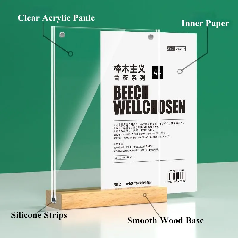 A5 148x210mm Double Magnetic Acrylic Sign Sign Holder Table Number Place Card Holder Wood Menu Holder Display Stand
