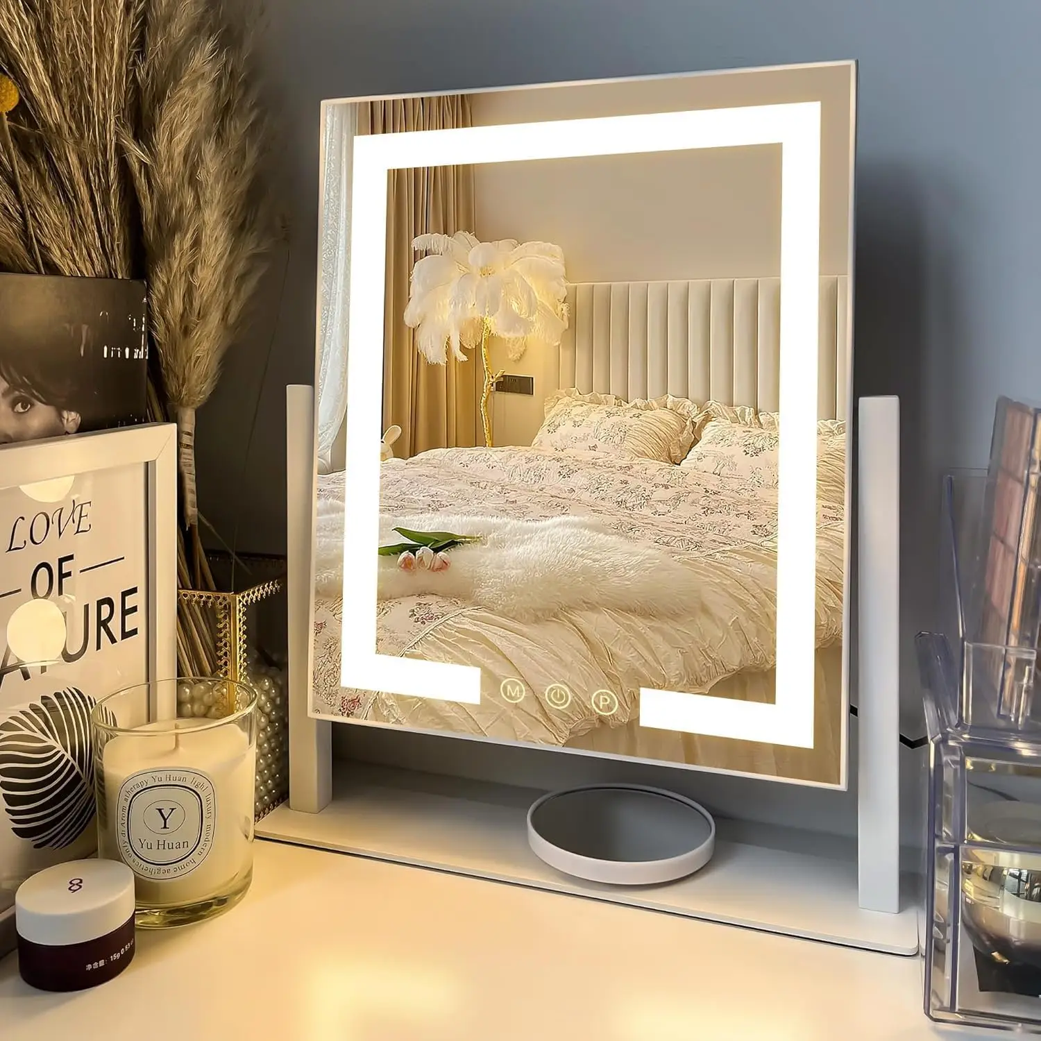 

3-Color Touch Sensor Vanity Mirror with 15X Magnifying Mirror, AC-Powered, 360° Rotatable Metal Frame, Gift for Women