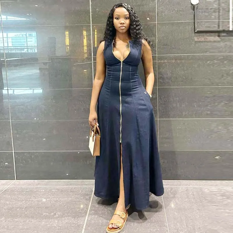 Denim Midi Dress Front Zipper Slit Sleeveless Simple Sexy Blue High Quality Dress for Women