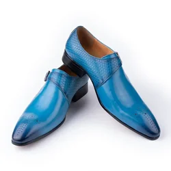 Men Loafers Shoes Fashion Blue Black Breathable Handmade Genuine Leather Slip-On Monk Dress Shoe for Men Wedding Shoes