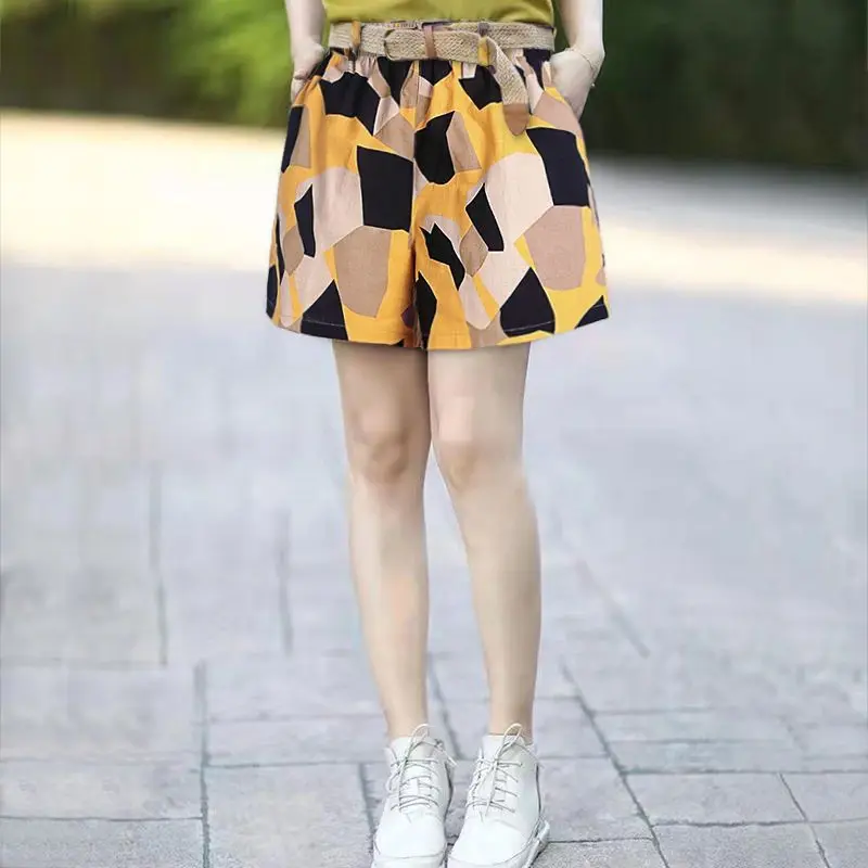 Women's Summer 2026 New Arrival Linen Cotton Retro Korean Style Printed Wide Leg Elastic Waist Casual Shorts​