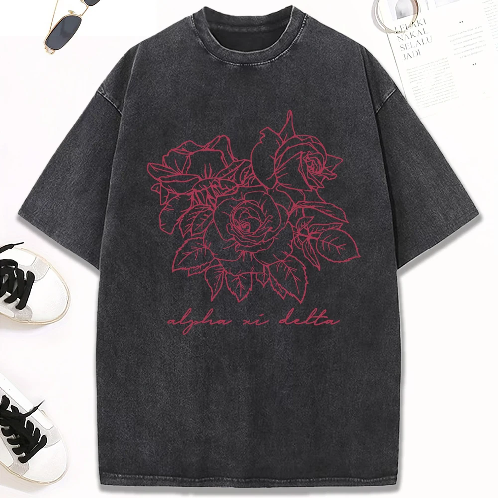 

A Beautiful Rose With Thorns Design Washed T-Shirt Women Summer Casual T Shirts Hip Hop Cotton Top Unisex Oversized Streetwear
